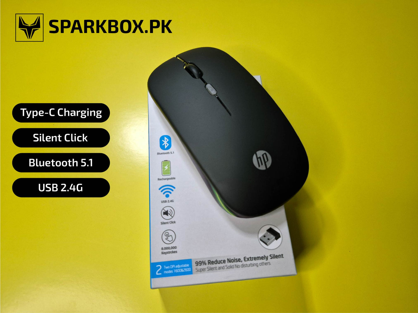 HP RGB Rechargeable Wireless Mouse (Bluetooth & USB).